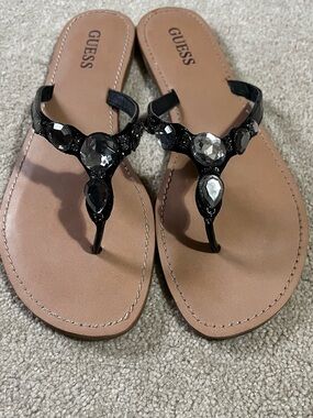 GUESS Black Jeweled Thong Sandals with Tan Footbed